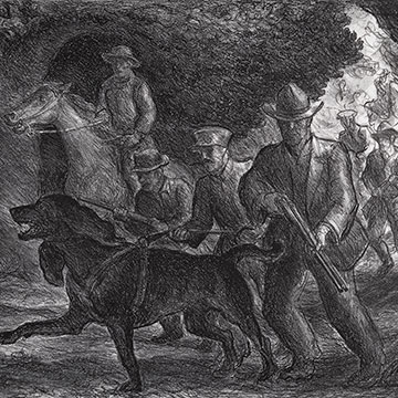 dark black and white drawing of a group of men hating with a large dog with one on horseback